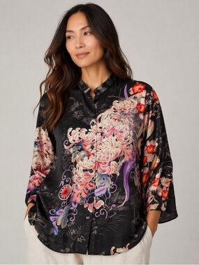 Citron Silk Blouse XL Black Floral Asian Print Button Front Top 100% Silk